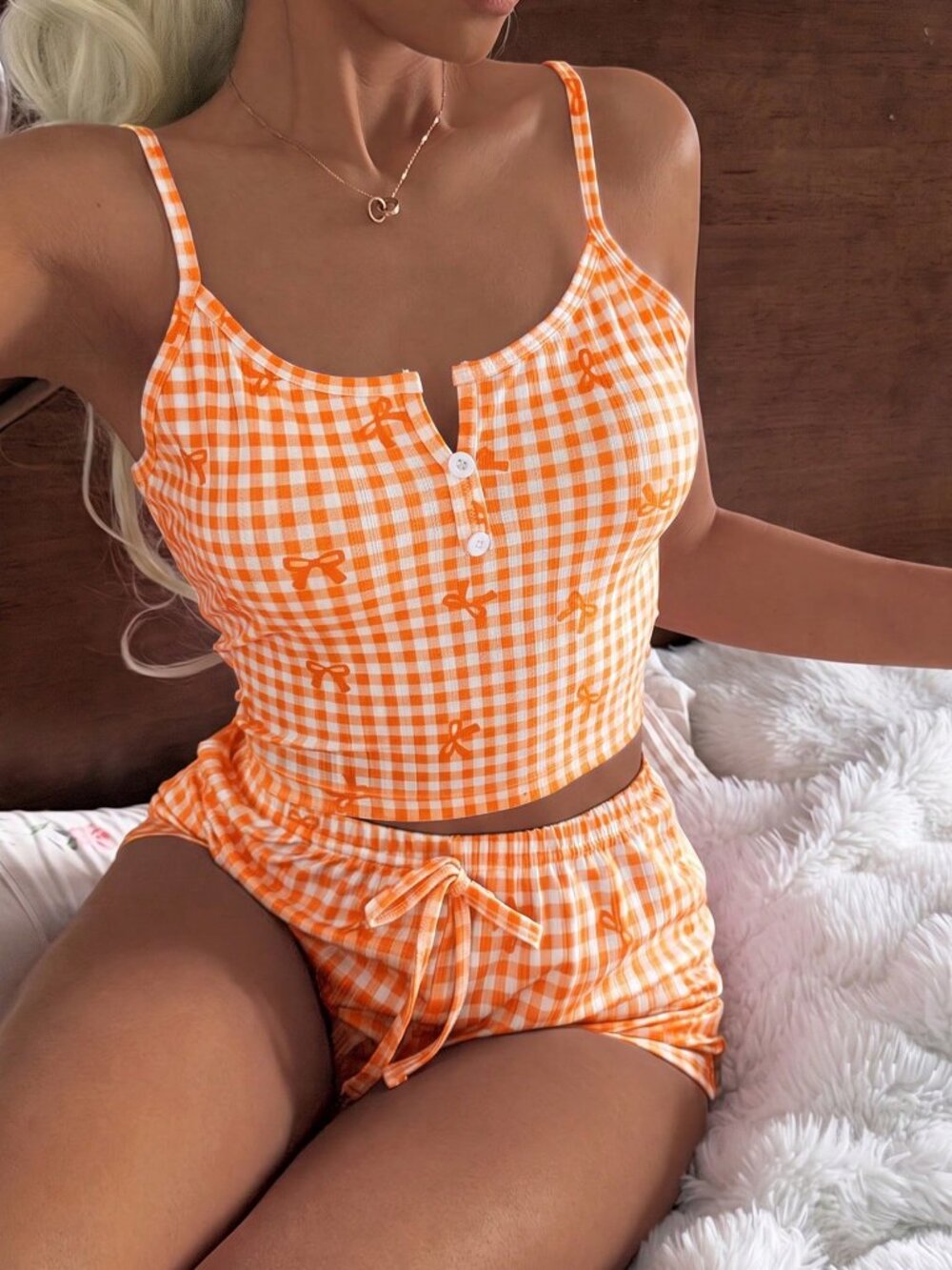 Orange Casual plaid print 2 piece pajama set